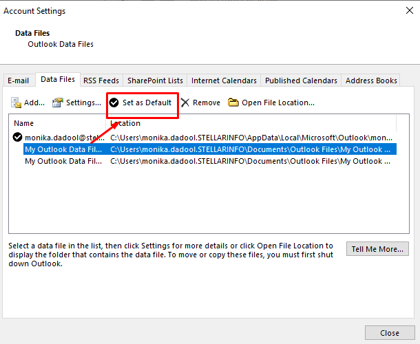 select the new PST file and click Set as Default